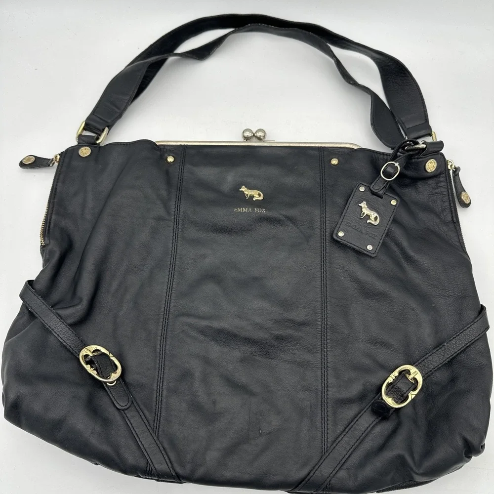 Vintage Emma Fox Black Leather Kiss Lock Hobo Bag Clutch Closure 18